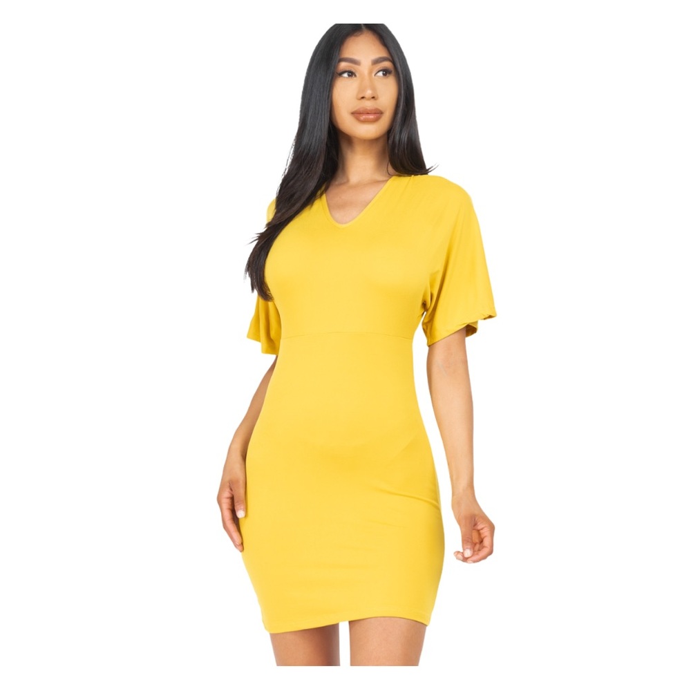 Dolman Sleeve Solid V-Neck Mini Dress Sunny Yellow